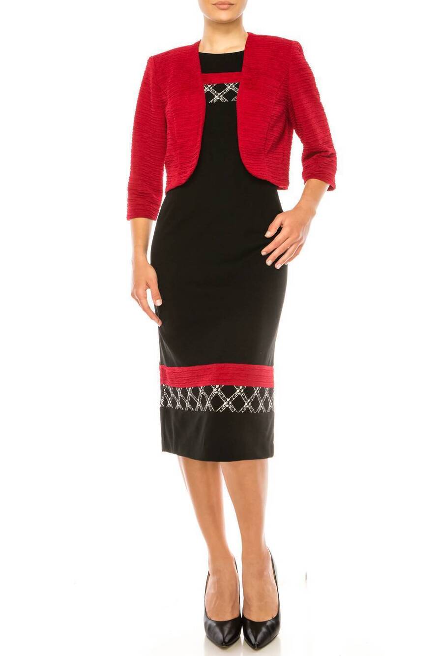NEW MAYA BROOKE contrast pattern cropped jacket dress in red black